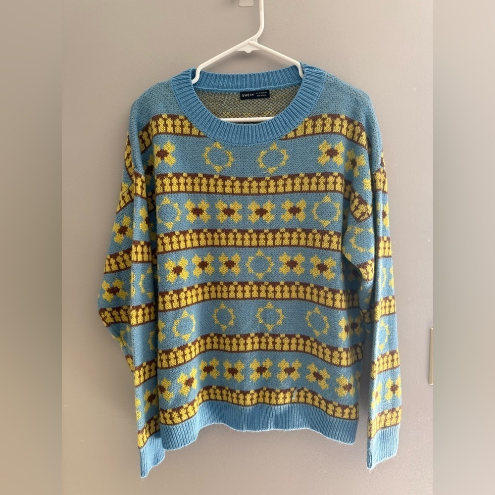 SHEIN Knit Long Sleeve Pullover Sweater Woman’s SZ M Blue Yellow Floral Cottage